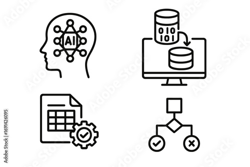 Machine learning model development icon set. AI, data science, and neural network concepts. Vector icons for algorithm, database processing, and data analysis flowchart.