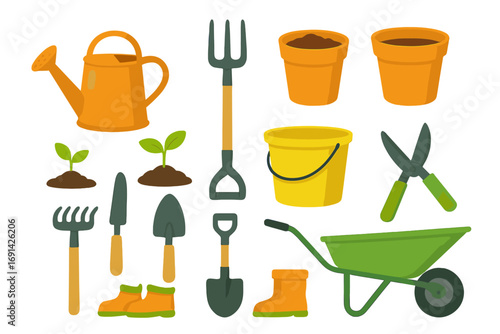 Gardening tools icon set for planting and farm work. Vector flat illustration of garden equipment: wheelbarrow, shovel, rake, watering can, pot, sprout, boots, fork.