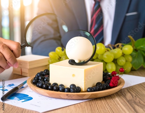 Businessman examines a cheese and fruit platter