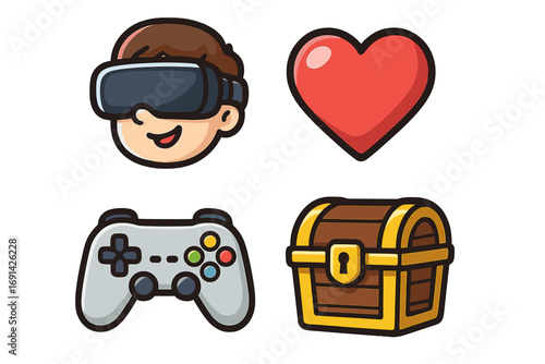 Gamer icon set with virtual reality headset, controller, heart life, and treasure chest loot box. Vector cartoon pack for esports, streaming, metaverse, and video games.