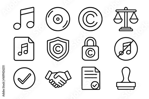 Music copyright and intellectual property line icon set. Icons for music licensing, legal rights, patent, and author protection. Includes symbols for law, agreement, and ownership.