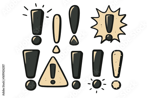 Exclamation mark doodle set. Hand drawn cartoon attention sign collection. Warning, alert and caution symbol. Danger, problem and error icon. Vector illustration concept.