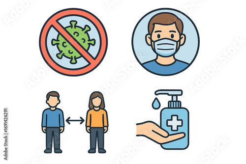 Health and safety icon set for pandemic prevention measures. Coronavirus protection symbols. Wear face mask, social distancing, and hand sanitizer hygiene. Stop covid-19 vector.