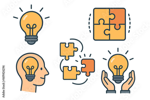 Creative problem solving and brainstorming concepts. Vector icon set with lightbulb for new ideas and puzzle pieces for solutions. Metaphor for innovation, mind, thinking.