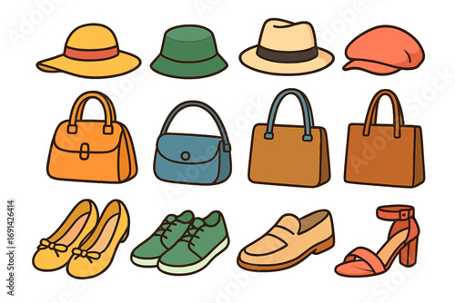 Fashion accessories collection. Vector cartoon set with hats, bags, and shoes. Stylish isolated icons of headwear, handbags, and footwear for modern design elements.