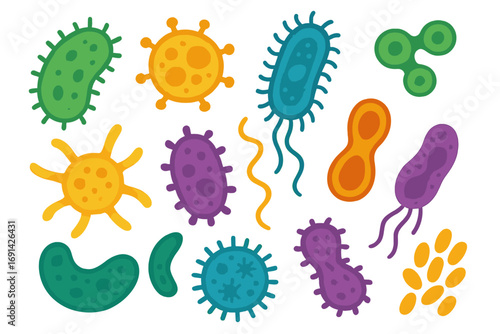 Colorful cartoon microorganisms vector set. Bacteria, virus, germ, and microbe icons. Biology science, microbiology, and pathogen concept illustration. Flat design elements.