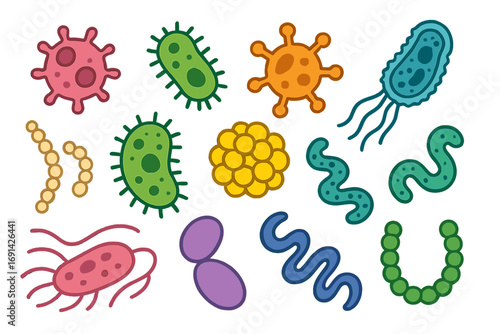 Collection of various microorganisms, germs, and bacteria cells. Flat vector cartoon illustration. Set of cute microbe, virus, and pathogen icons for microbiology or science.