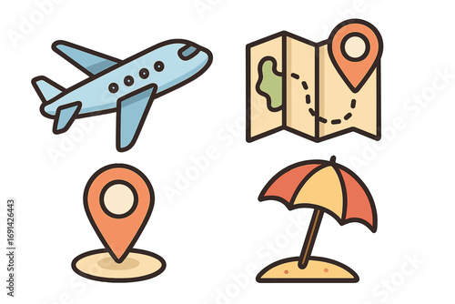 Travel and vacation line icon set. Colorful vector cartoon collection for tourism and holiday design. Contains airplane, map, location pin and beach umbrella for web or apps.