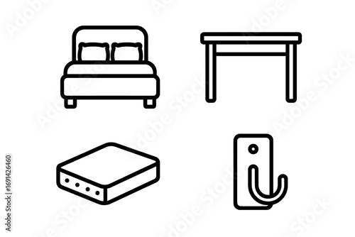 Furniture icon set. Minimalistic linear illustrations of a bed, table, mattress, and coat hook. Simple outline symbols for interior design, home decor, web, and apps. Vector graphic.