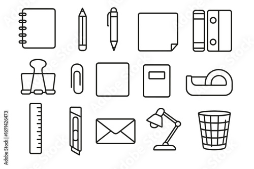 Office supplies outline icon set with stationery, writing tools, workspace essentials, office equipment, vector cartoon illustration, simple line art, transparent background