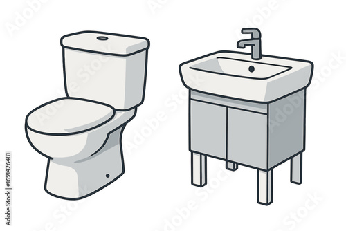 Modern bathroom furniture set with white ceramic toilet and sink washbasin. Vector illustration of minimalist sanitary ware fixtures for interior design. Isolated clipart.