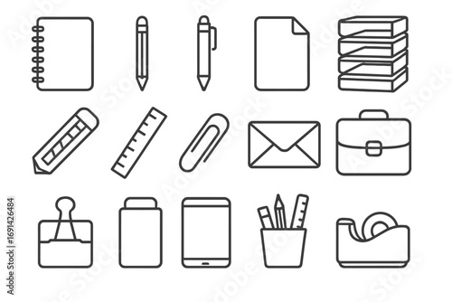 Office supplies outline icons set, stationery essentials, writing tools, workspace organization, vector cartoon illustration with transparent background, ordered collection