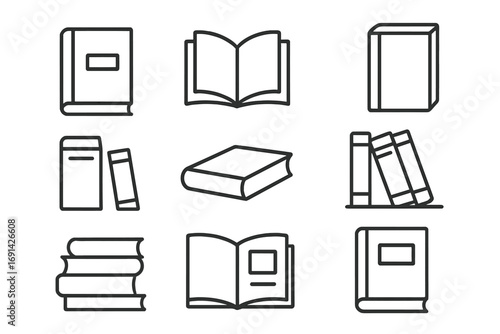 Book icon set vector. Simple line icons. Collection of books for library, education, study. Reading, learning, knowledge symbol. Literature, textbook, encyclopedia pictogram.