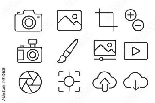 Photography and multimedia linear icon set, digital camera icons, photo editing tools, image and video control symbols, cloud upload and download vector collection