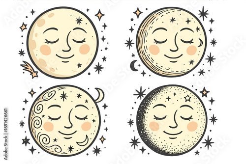 Sleeping moon face character vector illustration set. Hand-drawn cartoon in various styles with celestial stars for magical, spiritual, or esoteric concepts. Retro night design.