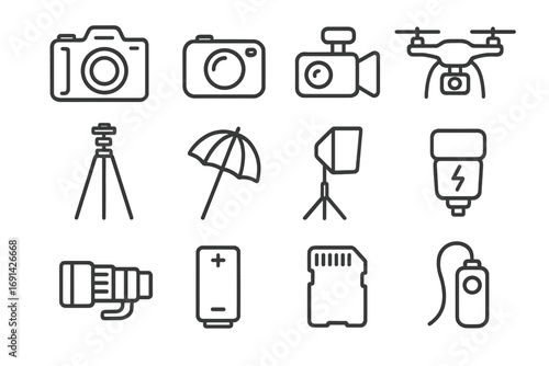 Photography equipment line icon set with cameras, tripods, drones, camera lenses, lighting gear, memory card, battery and remote, vector cartoon illustration, transparent background