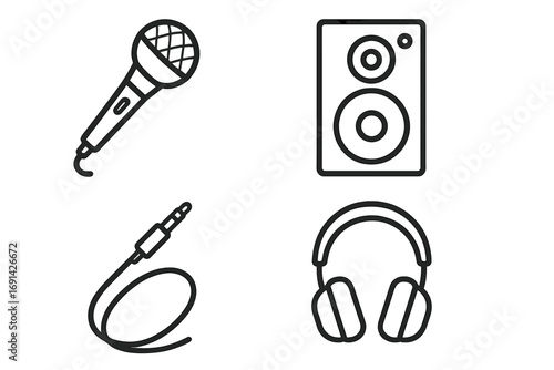 Music equipment outline icon set. Microphone, speaker, headphones, audio jack cable symbols. Vector graphic for sound recording studio, podcast, radio, or DJ concepts.