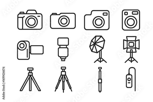 Photography equipment line icon set with cameras, tripods, flashes, studio lights, and remote shutter in outline style. Vector cartoon illustration with transparent background, ordered set