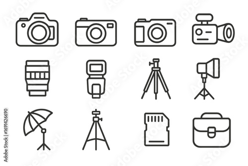 Photography equipment line icon set including cameras, tripods, lenses, flashes, light stands, memory card, and camera bag. Vector cartoon style outline collection with transparency for design.