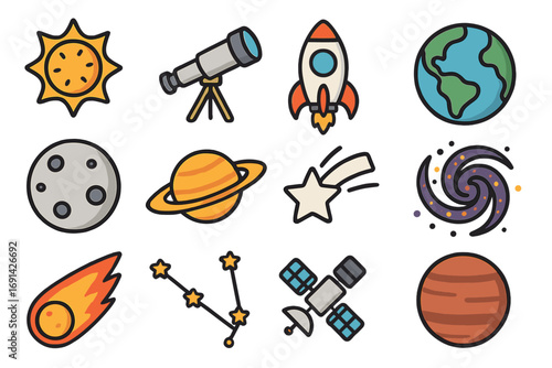 Space icon set. Astronomy and galaxy exploration symbols. Planet, rocket, star, sun, moon, earth, telescope, satellite, comet, constellation. Vector cartoon collection.