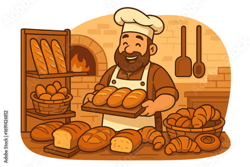 Smiling baker holding fresh bread in a bakery. Man character in chef hat with pastry, croissant, baguette. Cartoon vector illustration for food business, menu, logo, icon.