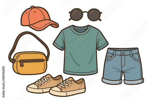 Casual summer outfit flat lay with t-shirt, denim shorts, sneakers, cap, bag and sunglasses. Trendy fashion clothing and accessories set for everyday wear or travel. Vector.