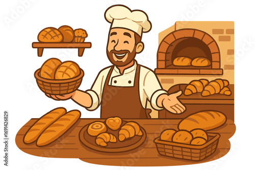Happy baker showcasing fresh bread, croissants, and pastries in a traditional bakery. Artisan chef with baked goods from a brick oven. Cartoon vector for food business.
