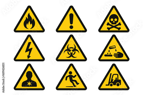 Safety hazard warning signs vector icon set. Collection of flat yellow triangle symbols like flammable, toxic, biohazard, high voltage, corrosive, health and slippery floor.