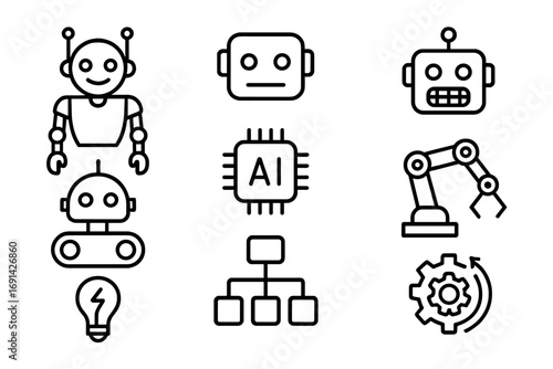 Robot line icon set technology AI automation symbols in outline style vector cartoon illustration with transparent background futuristic robotics artificial intelligence icons collection