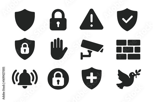Security and peace solid icon set, safety protection symbols, vector security icons, shield lock warning alarm hand stop camera, peace dove with olive branch, protection graphics collection