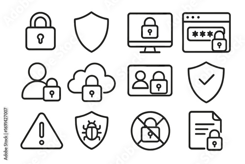 Security and data protection line icon set with privacy lock, cloud storage, shield protection, user privacy, password security, malware shield, locked files, cyber safety vector collection