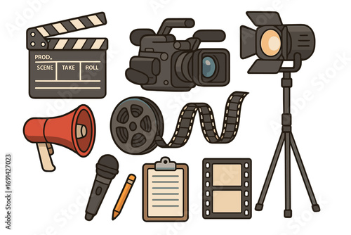 Film production equipment set. Movie making tools collection. Cinema industry icons with camera, clapperboard, light, and film reel. Vector cartoon illustration for video content.