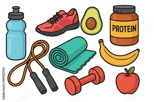 Fitness essentials for a healthy lifestyle. Cartoon vector set of workout gear and nutrition food. Includes dumbbell, protein powder, fruit, water bottle, sneaker, jump rope.