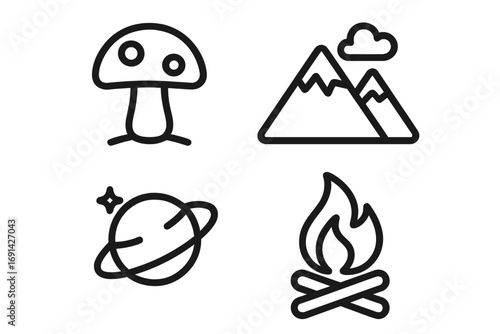 Mushroom fungus food. Mountain peak nature. Planet saturn space. Bonfire campfire camping. Line icon set for web, apps, infographics. Vector symbol collection outdoor adventure.