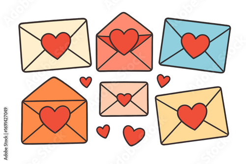Vector set love letter mail. Cute cartoon envelopes with hearts. Valentine's day message. Romance, communication concept. Flat design icon collection for festive greeting card.