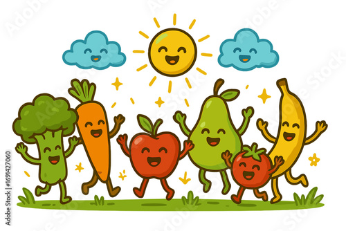 Happy cartoon fruits and vegetables characters walking in sunny nature. Vector illustration for kids about healthy eating, fresh food, happiness, organic lifestyle, and diet.