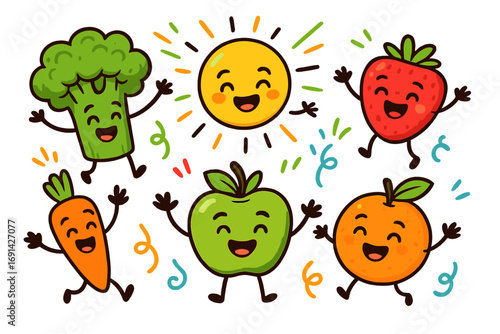 Happy fruits and vegetables characters celebrating. Cute cartoon food mascot set. Healthy eating, vegan, vitamin concept. Funny apple, carrot, strawberry, broccoli, orange.