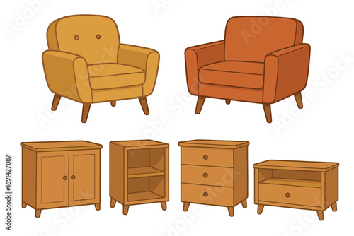 Furniture set vector collection. Mid-century modern interior design elements. Retro armchairs, cabinet, chest of drawers, bedside table. Cartoon flat illustration isolated.