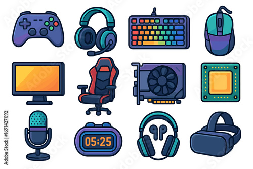 Gaming equipment icon set. E-sport gamer gear collection. Vector illustration of computer hardware accessories like controller, headset, keyboard, mouse, chair, GPU, CPU, and VR.