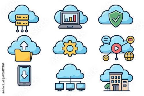 Cloud computing services icon set. Vector cartoon illustration of technology concepts like data storage, server hosting, network security, and business analysis. Web services.