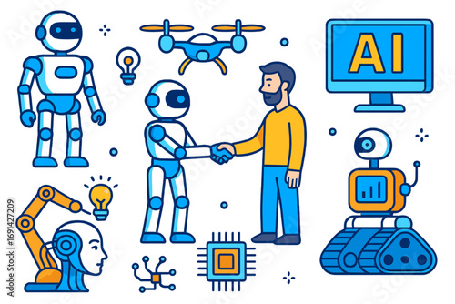 Artificial intelligence and robotics concept. Human and robot cooperation with handshake. Future technology automation icons set with drone, AI, cyborg and androids. Vector.