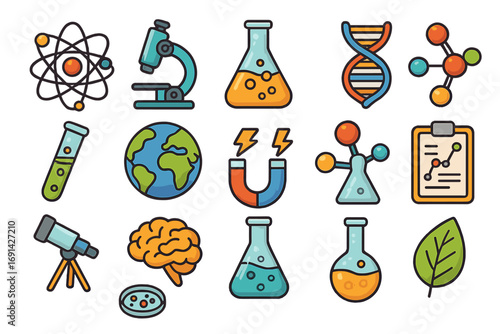 Science education icon set. Collection of colorful cartoon vector illustrations for school. Biology, chemistry, physics concepts. Laboratory research symbols. Flat design.