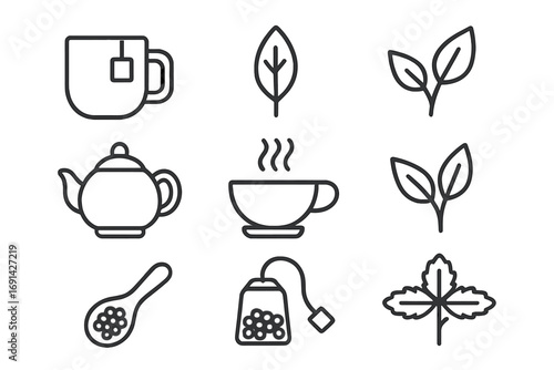 Tea and herb outline icon set, natural wellness symbols, herbal brewing icons, leaf illustrations, tea cup and teapot vector cartoon, simple clean design with transparent background