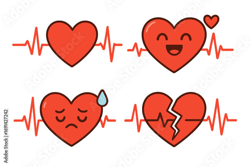 Heartbeat and emotion icon set. Happy, sad, broken heart. Love, health, and cardiology concept. EKG, ECG pulse line vector. Cute cartoon character. Life and death metaphor.