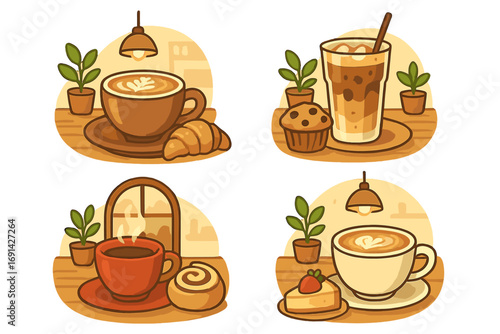 Coffee and pastry illustration set. Cozy cafe scenes with latte art, cappuccino, iced coffee, croissant, muffin, and cake. Vector cartoon icons for coffee shop menu.