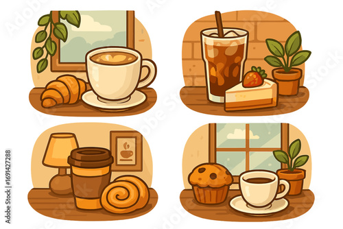 Coffee and pastry illustration set. Vector cartoon icons for a cafe menu. Includes cappuccino with croissant, iced coffee with cheesecake, muffin, and a cinnamon roll.