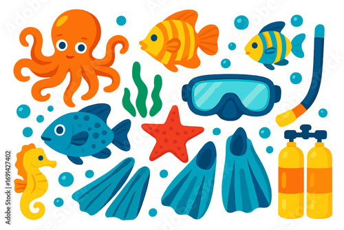 Scuba diving equipment and sea animals set. Cute cartoon underwater life collection. Vector marine clip art with octopus, fish, seahorse, starfish, diving mask, snorkel, fins.