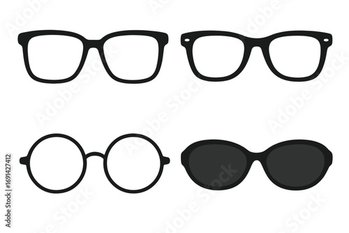 Glasses and sunglasses vector icon set. Collection of different eyewear styles. Fashion, retro, nerd and hipster eyeglasses frames. Black silhouette isolated on white background.