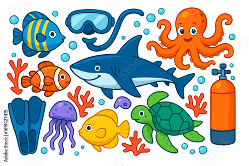 Cute cartoon sea animals and scuba diving equipment set. Underwater vector collection with shark, fish, octopus, turtle. Colorful marine life for kids illustration.