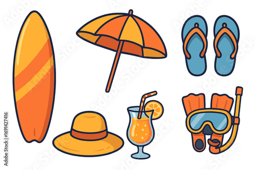 Summer beach vacation essentials icon set. Vector cartoon illustration of surfboard, umbrella, flip flops, sun hat, tropical cocktail drink, and snorkeling gear for diving.